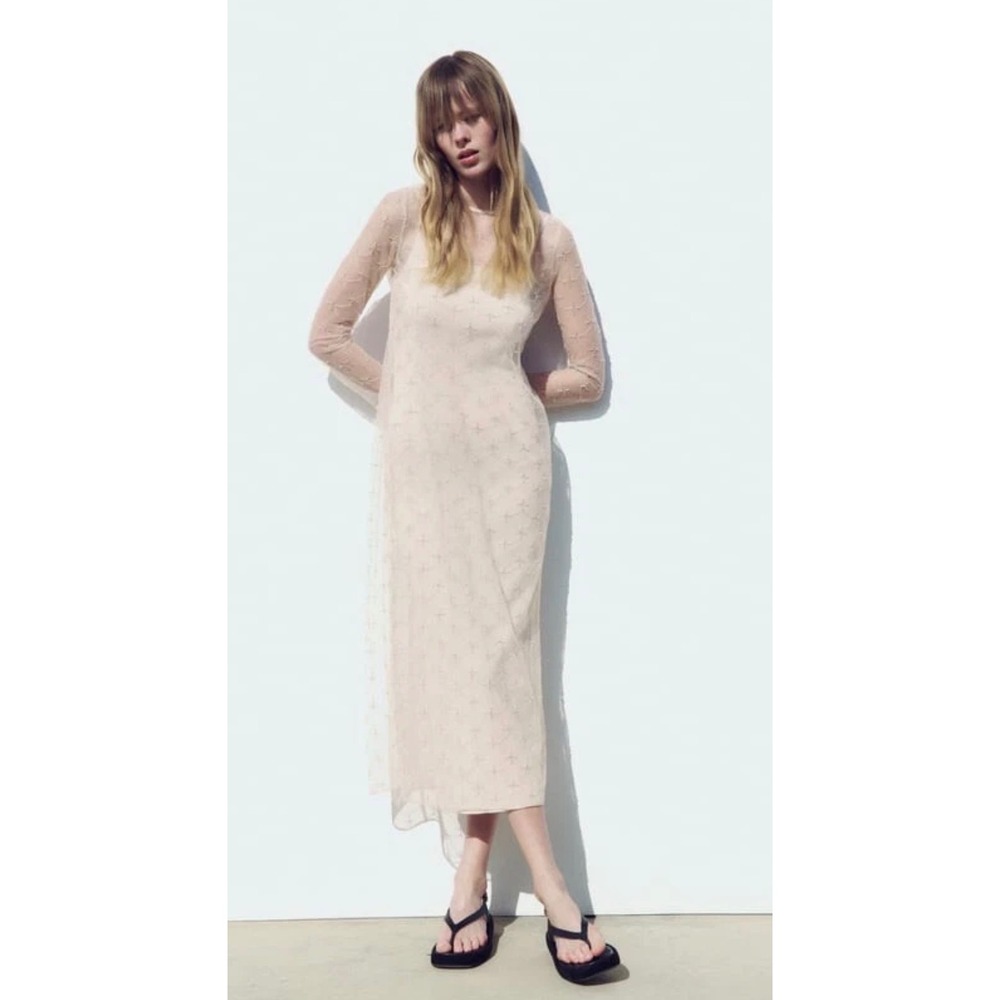 Zara Midi Dress Womens M Cream Cava Sequin Beaded Mesh Sheer Formal Boho